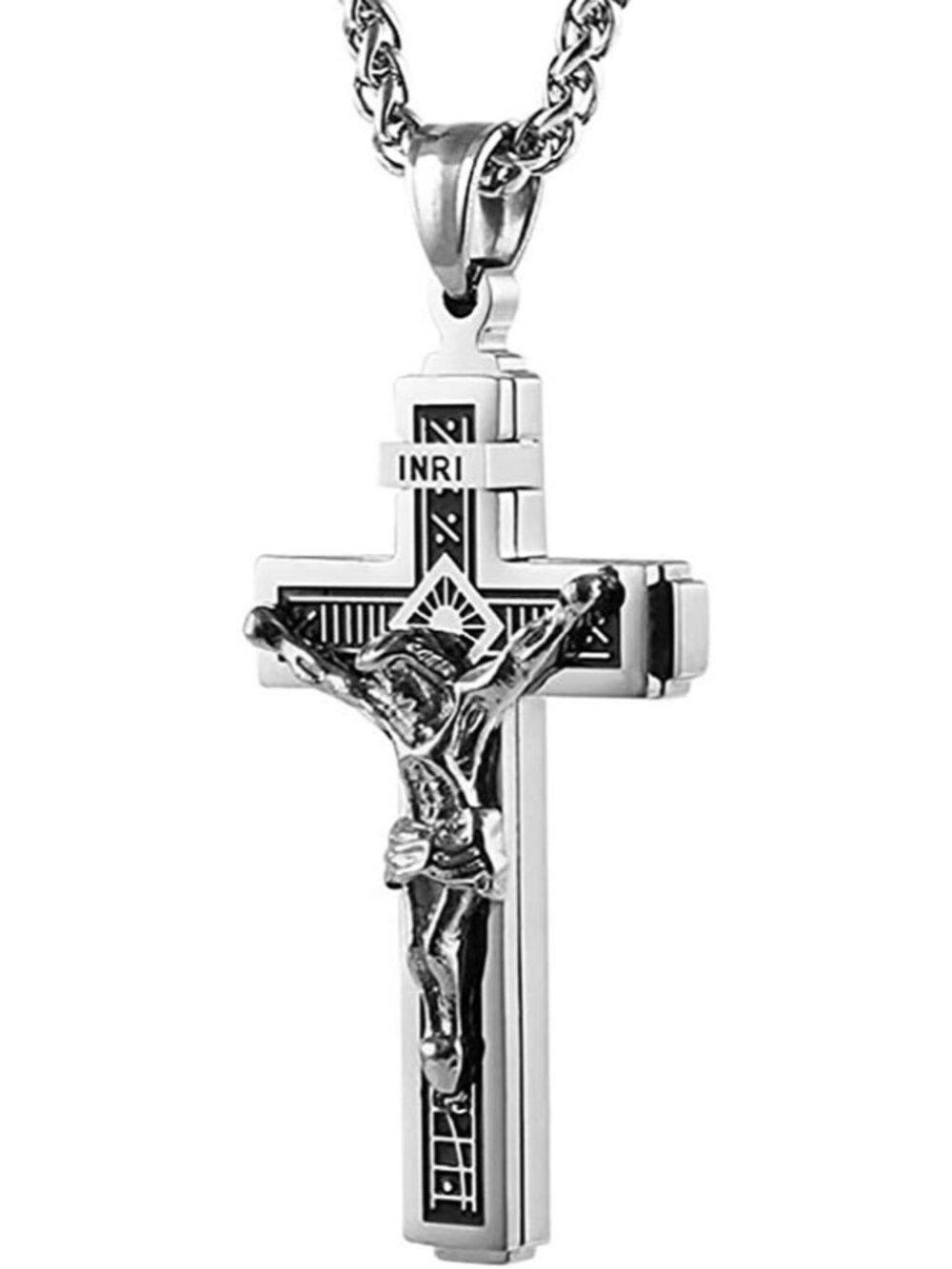 Men's Silver Stainless Steel Religious Catholic Christ Crucifix Cross Pendant
